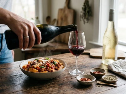 Rödvin hälls upp i ett glas bredvid en tallrik pasta med salsiccia och tomatsås
